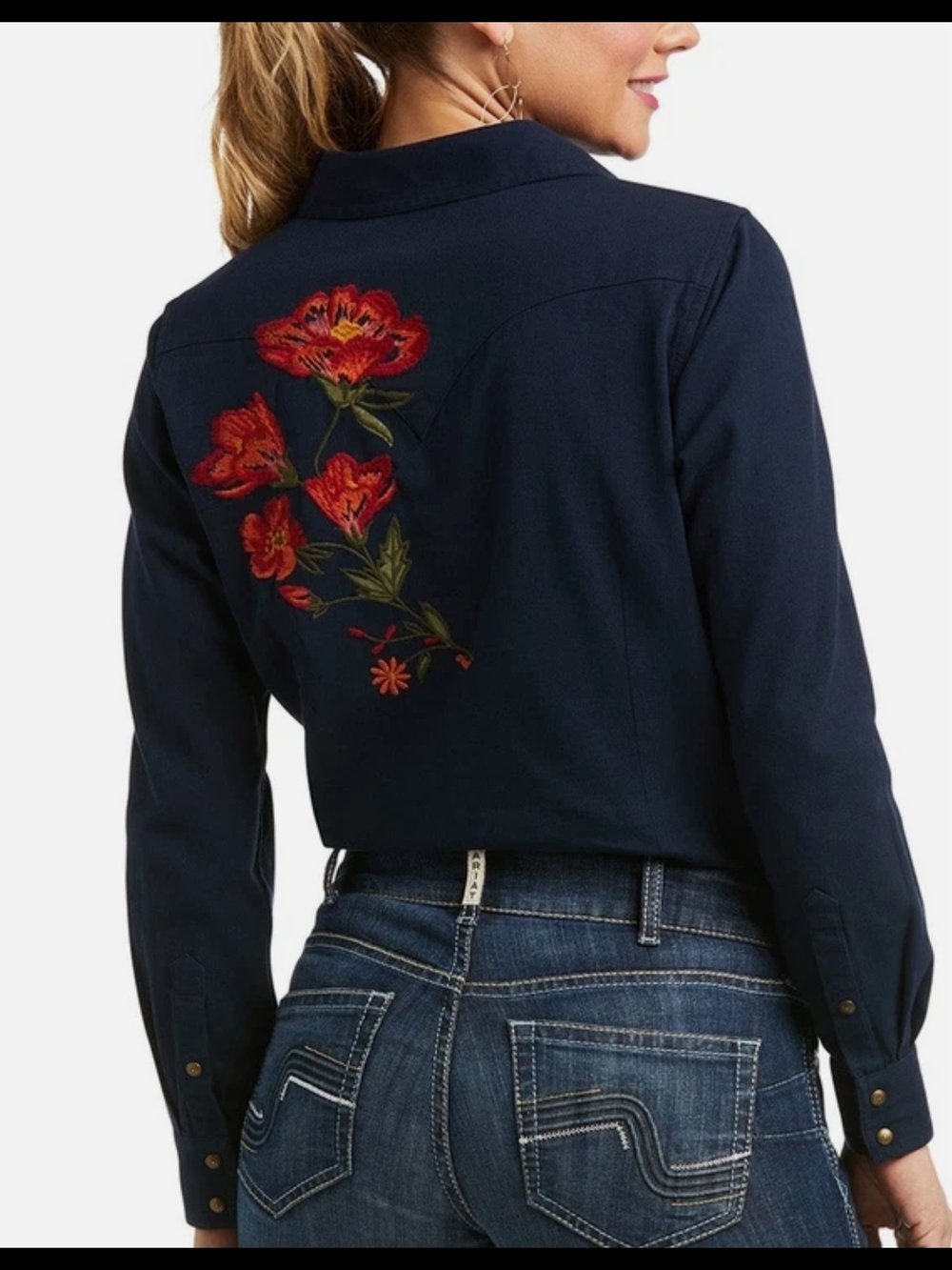 Ariat Navy Button-Down Shirt with Red Floral Embroidery - Picture 2 of 8